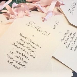Blush Pink and Ivory Luggage Tag shaped cards for a hanging table plan