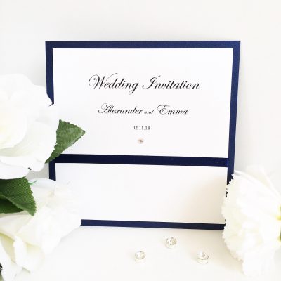 Navy Blue and White pearlised traditional folded Wedding Invitations