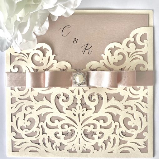 Luxury Ivory laser cut Invitation with dior bow and pearl