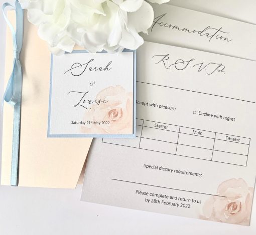 Peach and teal pocketfold invitation with vintage roses