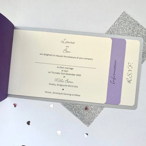 purple and silver cheque book with glitter ribbon