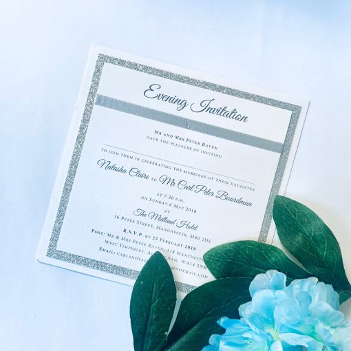 Evening invitation flatback with silver glitter border, silver ribbon and diamante