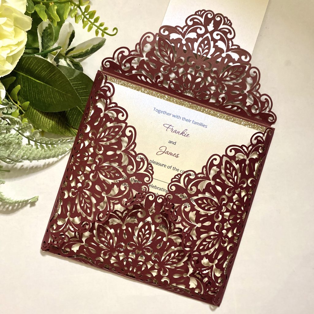 Burgundy Laser Cut Envelope Style Invitation With Plaque I Do Designs