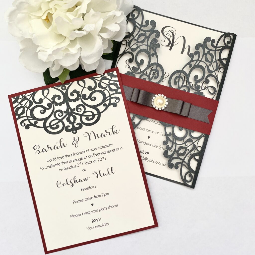 Grey and Burgundy Lasercut Gatefold Invitation