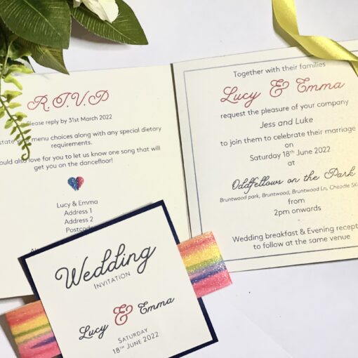 Rainbow glitter belly band folded invitation