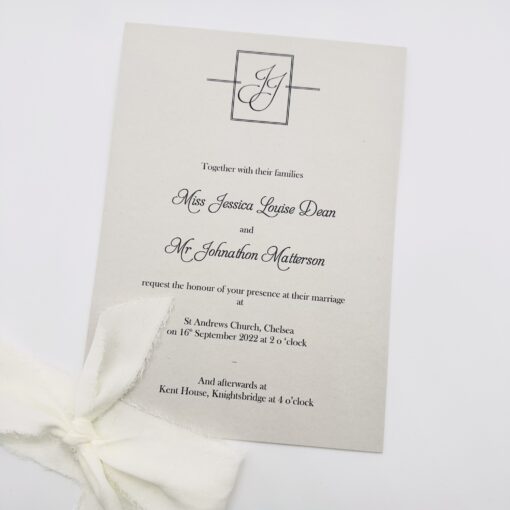 Matte Invitation with Monogram and frayed ribbon tie