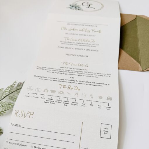 Concertina invitation with eucalyptus and thistle. Envelope liner