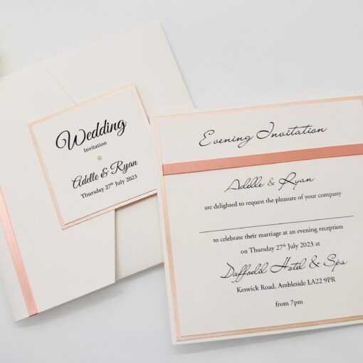 Pocketfold inviotatioon with peach colours and matching evening invitation